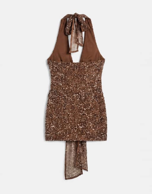 Murci - Robe courte en maille ornée de sequins avec dos nu, décolleté plongeant et taille drapée - Marron clair, 7 de 7