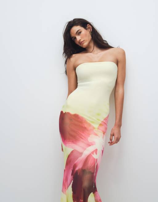 Murci - Robe longue bandeau en tulle à ourlet sirène et imprimé fleurs - Rose et citron, 2 de 7