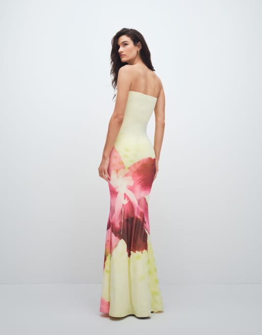 Murci - Robe longue bandeau en tulle à ourlet sirène et imprimé fleurs - Rose et citron, 3 de 7
