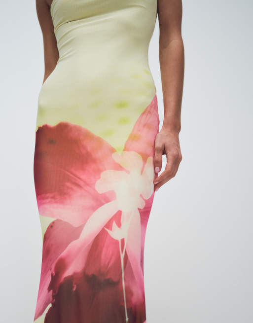Murci - Robe longue bandeau en tulle à ourlet sirène et imprimé fleurs - Rose et citron, 4 de 7