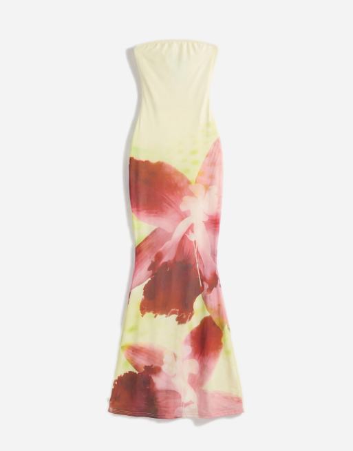 Murci - Robe longue bandeau en tulle à ourlet sirène et imprimé fleurs - Rose et citron, 5 de 7
