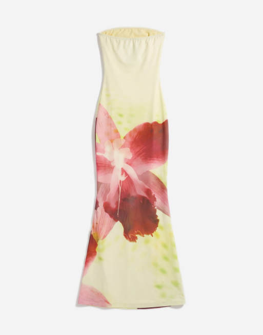 Murci - Robe longue bandeau en tulle à ourlet sirène et imprimé fleurs - Rose et citron, 6 de 7