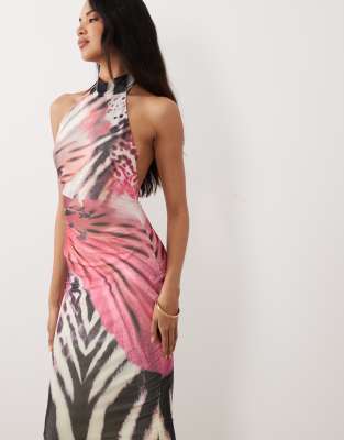 Robe longue dos nu en tulle de qualité supérieure à dos échancré - Zébrures et rose fleuri-Multicolore 42