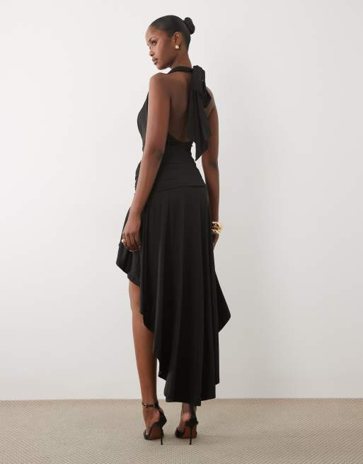 Murci - Robe longue dos nu près du corps plongeant et ourlet asymétrique - Noir, 4 de 4