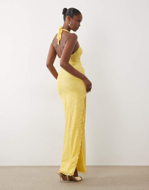 Murci - Robe longue en dentelle à dos nu et découpe avec détail métallique - Jaune, 4 de 4