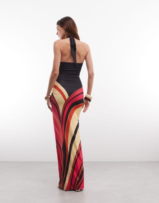 Murci - Robe longue moulante à décolleté plongeant et liens noués - Imprimé abstrait vif, 3 de 8