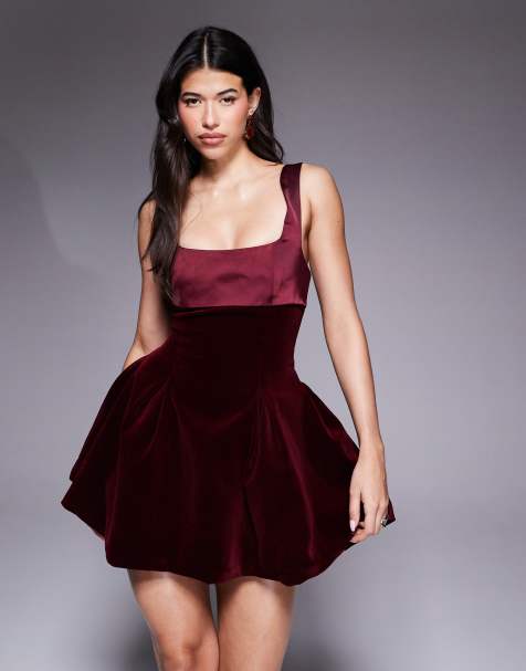 Murci satin contrast square neck bow tie back velvet mini dress in burgundy - view 1