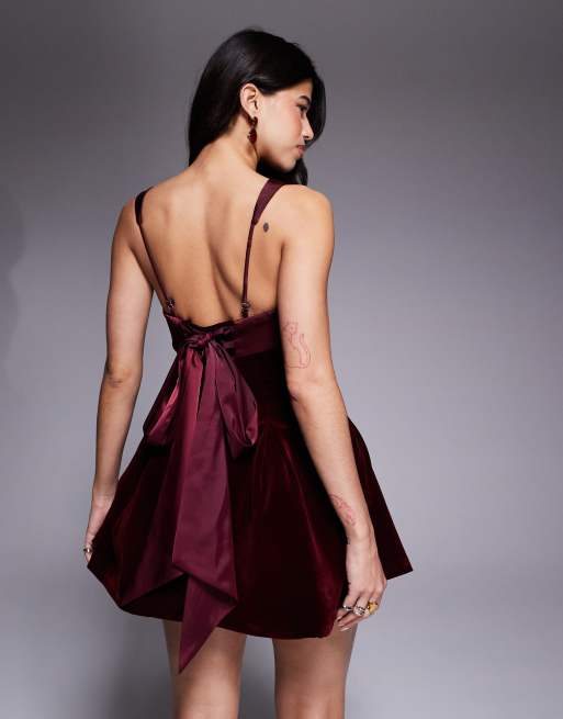 Murci satin contrast square neck bow tie back velvet mini dress in