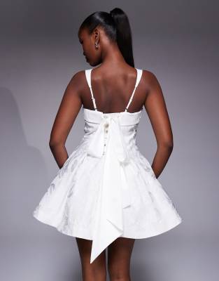 Murci Satin Jacquard Square Neck Bow Back Mini Dress In White