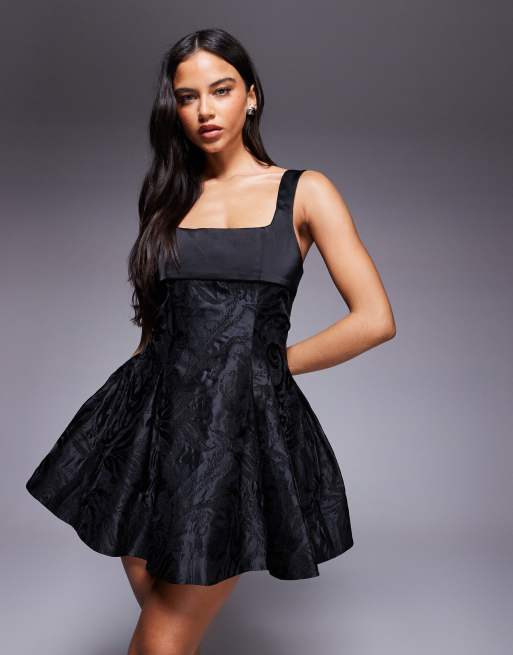Murci satin jacquard square neck bow tit back mini dress in black