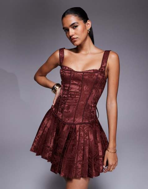 Murci satin jacquard structured corset square neck pleated mini dress in chocolate - view 1
