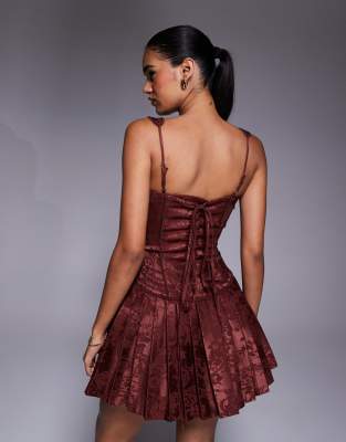 Murci Satin Jacquard Structured Corset Square Neck Pleated Mini Dress In Brown