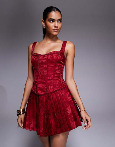Murci satin jacquard structured corset square neck pleated mini dress in red - view 1