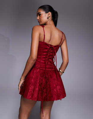 Murci Satin Jacquard Structured Corset Square Neck Pleated Mini Dress In Red