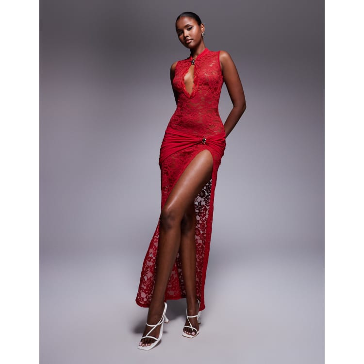 Murci Sheer Lace High Neck Keyhole Plunge Gold Hardware Detail Maxi Dress in Red