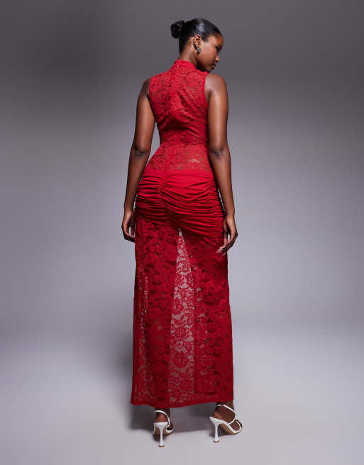 Murci sheer lace high neck keyhole plunge gold hardware detail maxi dress in red