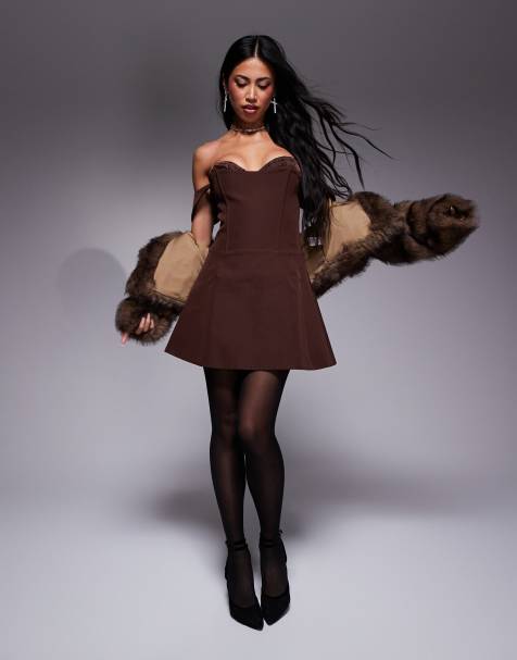 Murci shirred bust detail corset bardot lace up back mini dress in chocolate brown - view 1