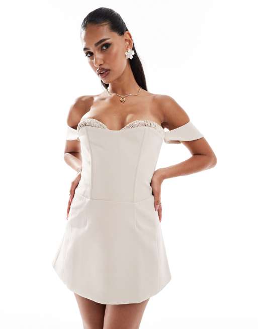 Murci shirred bust detail corset bardot lace up back mini dress in cream