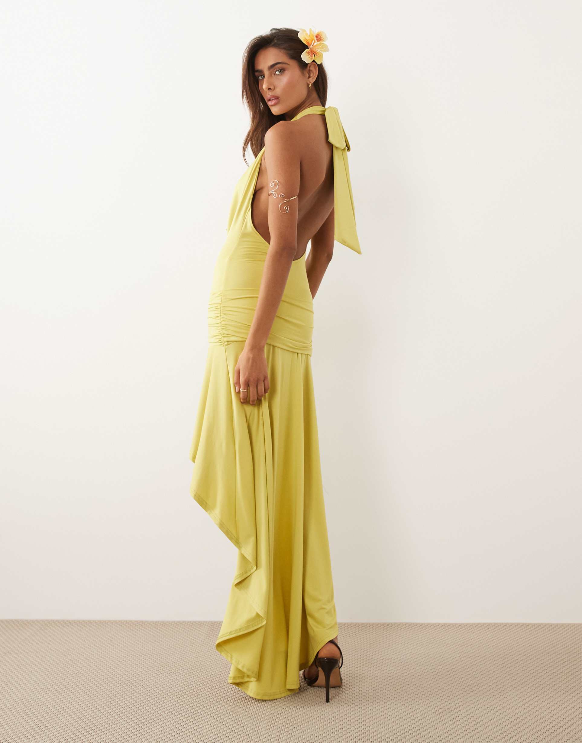 murci slinky cowl halterneck plunge detail ruffle high-low maxi dress in lime