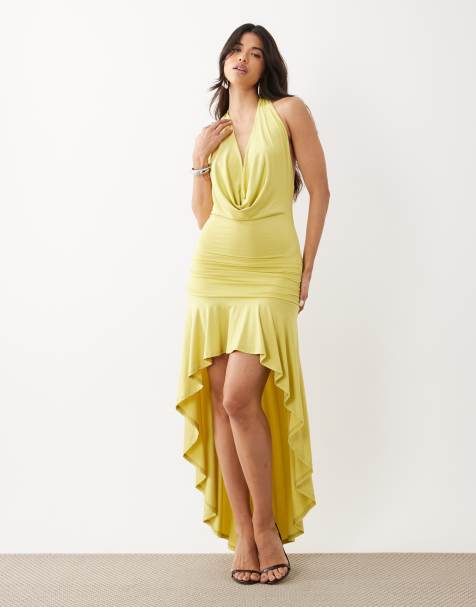 Murci slinky cowl halterneck plunge detail ruffle high-low maxi dress in lime