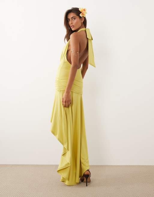 Murci slinky cowl halterneck plunge detail ruffle high-low maxi dress in lime, 2 of 4