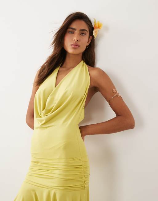 Murci slinky cowl halterneck plunge detail ruffle high-low maxi dress in lime, 3 of 4