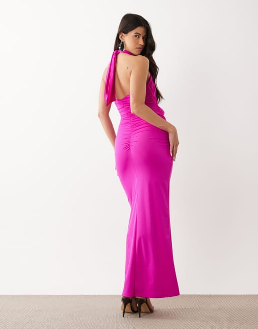 Murci slinky crossover halterneck lace insert maxi dress in dark pink, 4 of 4