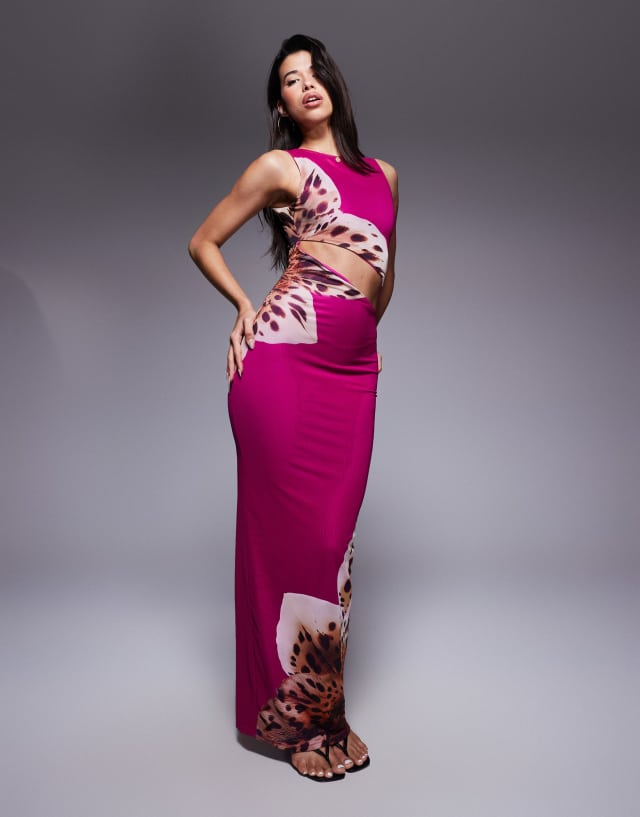 Murci slinky cutout side maxi dress in purple floral print