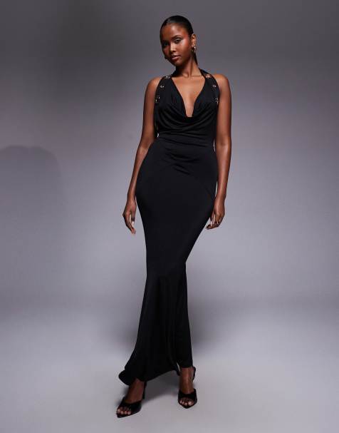 Murci slinky halterneck extreme cowl front eyelet detail low back maxi dress in black - view 1