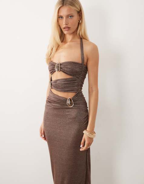 Murci square halterneck cut out hardware detail shimmer maxi dress in chocolate