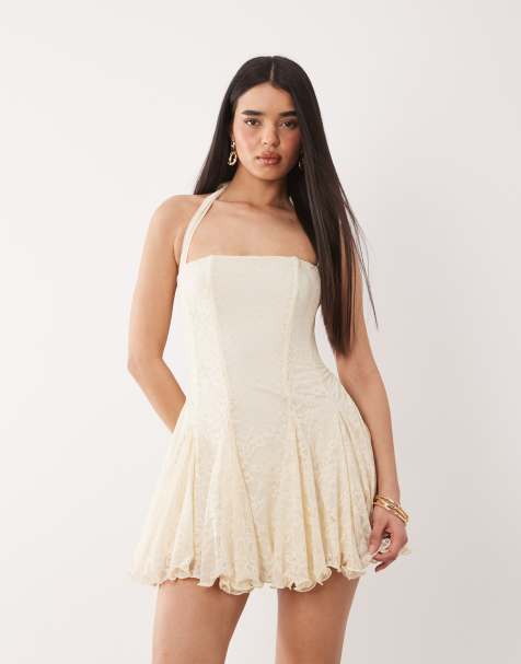 Murci square halterneck gathered godet hem lace mini dress in cream