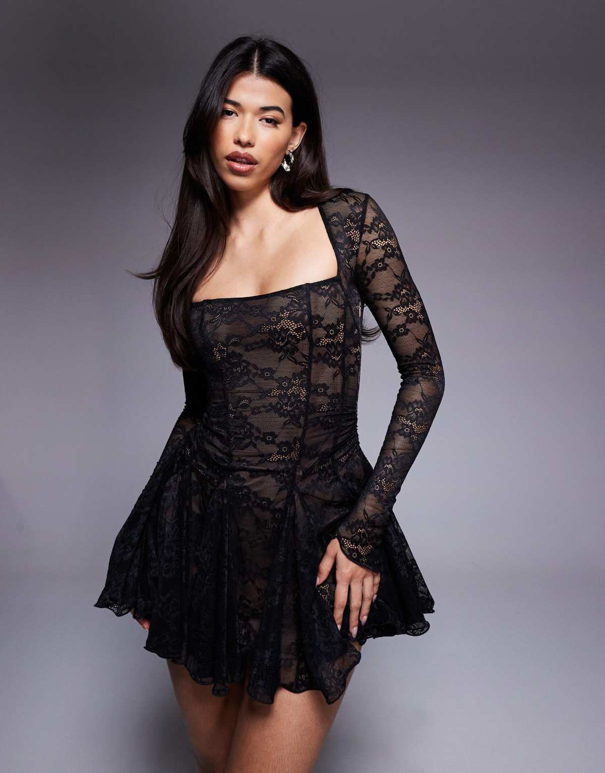 Murci square neck long sleeve gathered ruffle hem lace mini dress in black