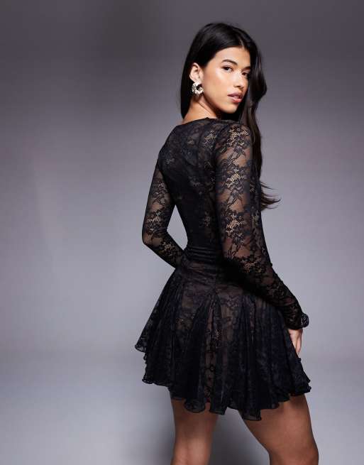Murci square neck long sleeve gathered ruffle hem lace mini dress in black