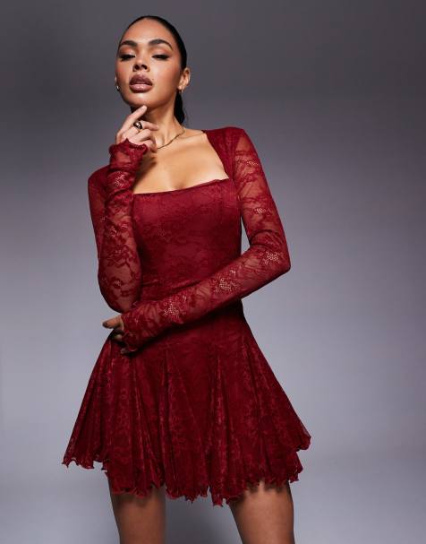 Murci square neck long sleeve gathered ruffle hem lace mini dress in burgundy - view 1