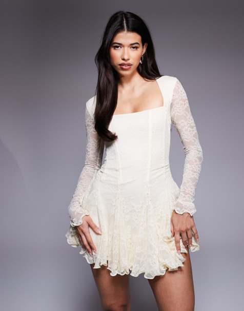 Murci square neck long sleeve gathered ruffle hem lace mini dress in cream - view 1