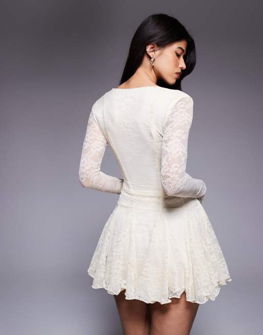 Murci square neck long sleeve gathered ruffle hem lace mini dress in cream