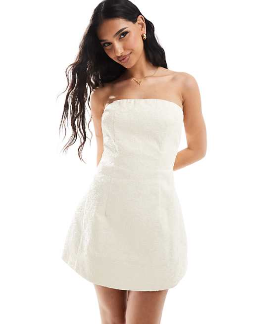 Murci structured bandeau flared mini dress in cream jacquard Murci structured bandeau flared mini dress in cream jacquard