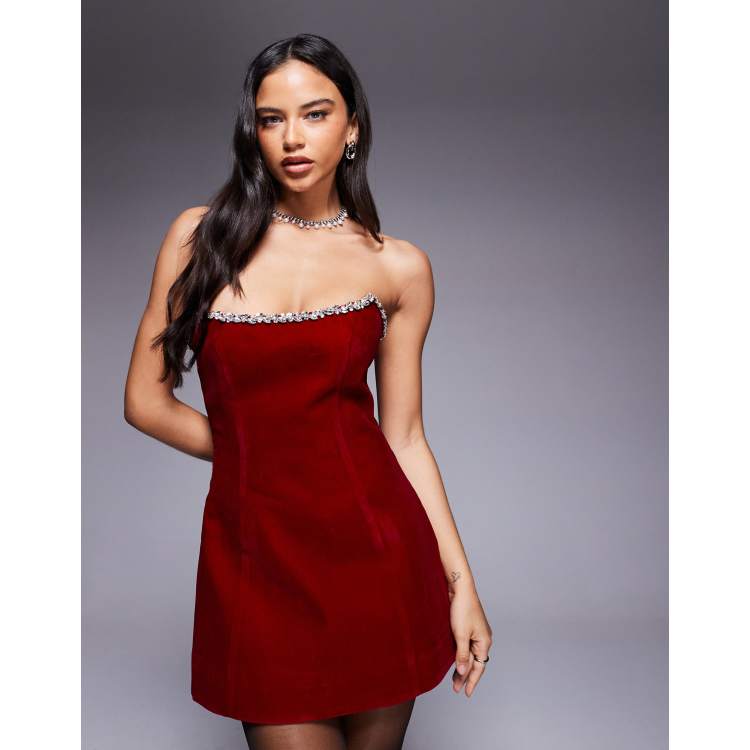 Murci structured bandeau velvet diamante trim lace-up back detail mini dress  in red | ASOS
