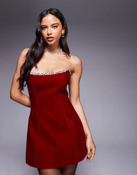 Murci structured bandeau velvet diamante trim lace up back detail mini dress in red