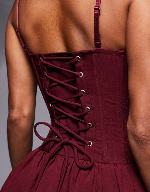 Murci structured cut out corset lace up back mini dress in burgundy