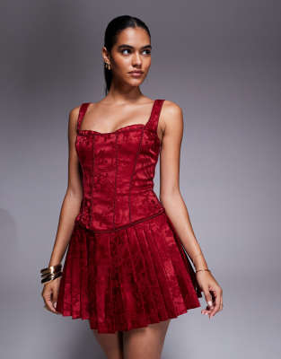 Murci - Strukturiertes Minikleid aus Jacquard-Satin in Rot mit Korsettdetail, eckigem Ausschnitt und Faltenrock