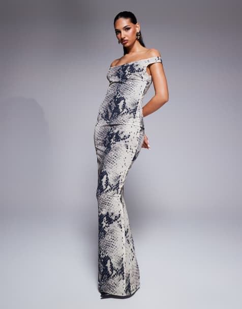 Murci – Szara sukienka maxi typu bodycon, z odsłoniętymi ramionami i wzorem skóry węża - view 1