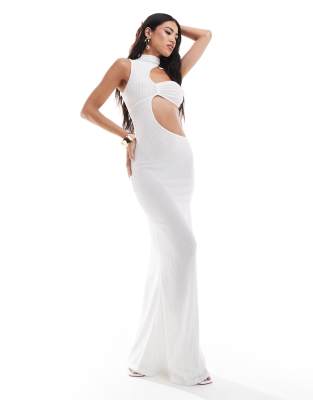 Murci Textured High Neck Sleeveless Cut Out Maxi Dress In White