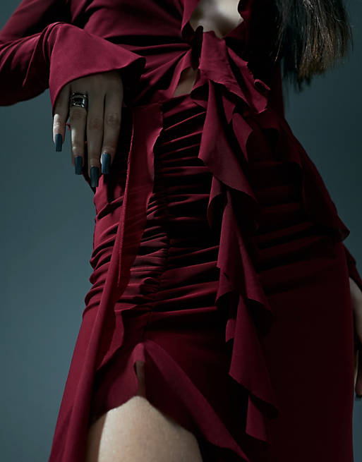 Murci Thigh Split Ruffle Trim Maxi Skirt in Deep Red
