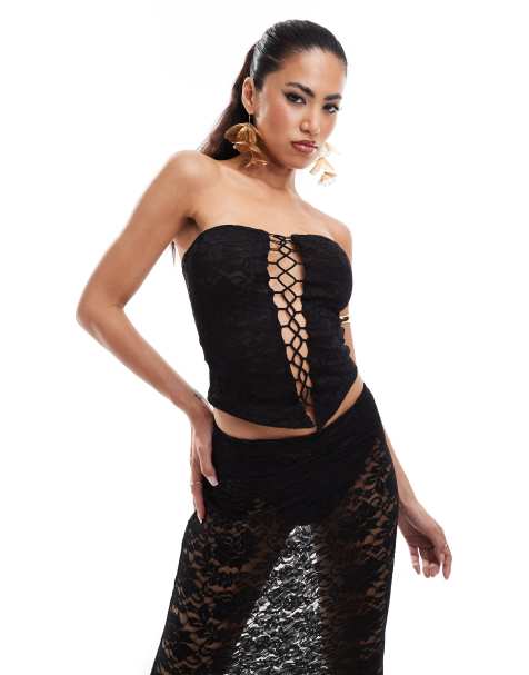 Murci - Top bustier d'ensemble en dentelle avec laçage - Noir - view 1