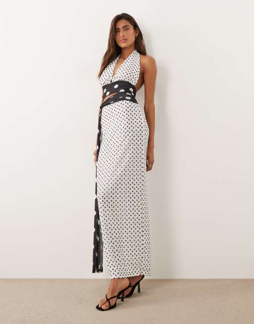 Murci - Top met halternek, open achterkant, contrast en stippen in zwart-wit, deel van co-ord set, 2 van 4