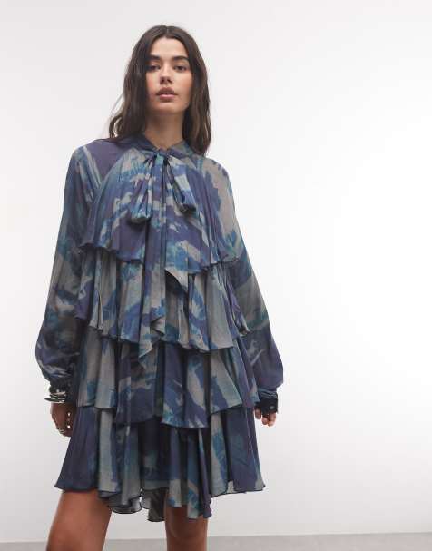 Muse Asseembly boho tiered ruffle mini dress in printed blue - view 1