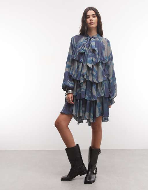 Muse Asseembly boho tiered ruffle mini dress in printed blue, 2 of 4