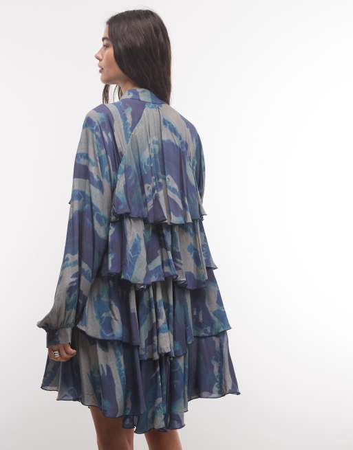 Muse Asseembly boho tiered ruffle mini dress in printed blue, 4 of 4