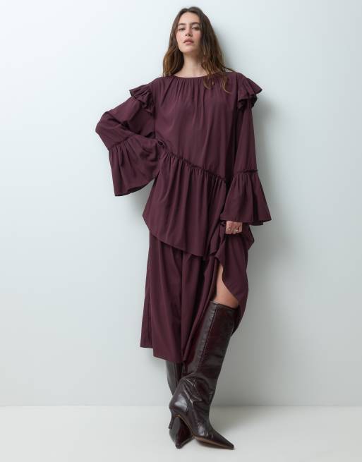 Muse Assembly abito maxi asimmetrico con volant flora, color melanzana, 1 di 5